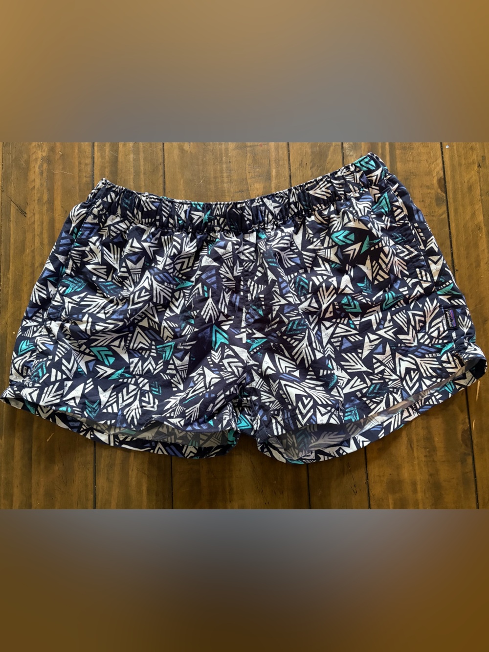 Patagonia Navy Shorts with Teal & White Geometric Print